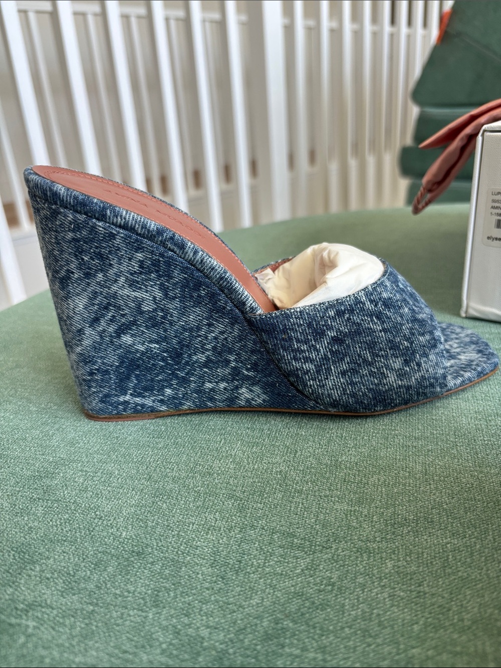 Amina Muaddi Lupita Wedge 95 mm Heel- Denim Acid Open-Toe Wedge - Size EU 38.5
